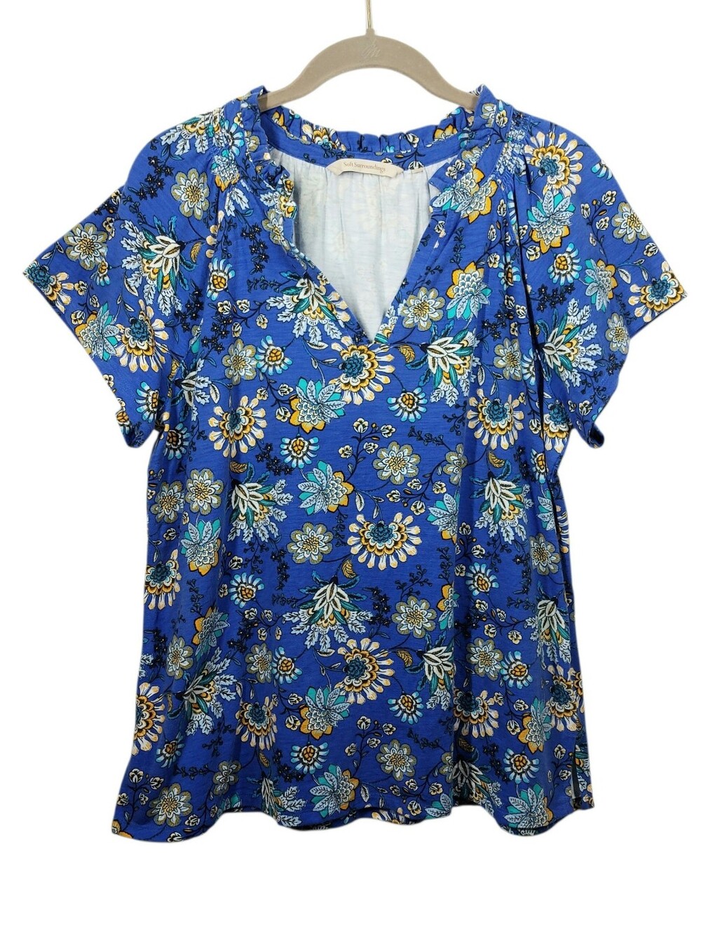 Soft Surroundings Loretta Supima Slub Top Women's XL Blue Floral Ruffle Detail